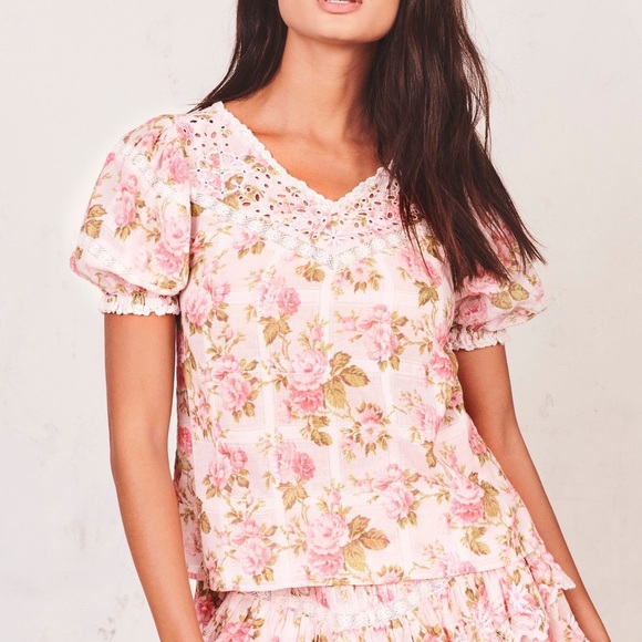 LoveShackFancy Concord Pink Floral Puff Sleeve Top - Picture 2 of 16